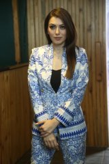 Hansika Motwani in blue-and-white dress